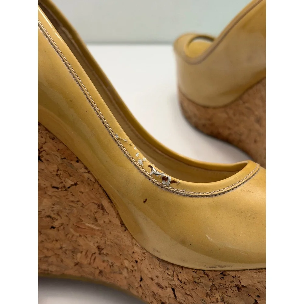 Jimmy Choo Mustard Patent Leather Cork Platform Wedge‎ Peep Toe Pumps Italy